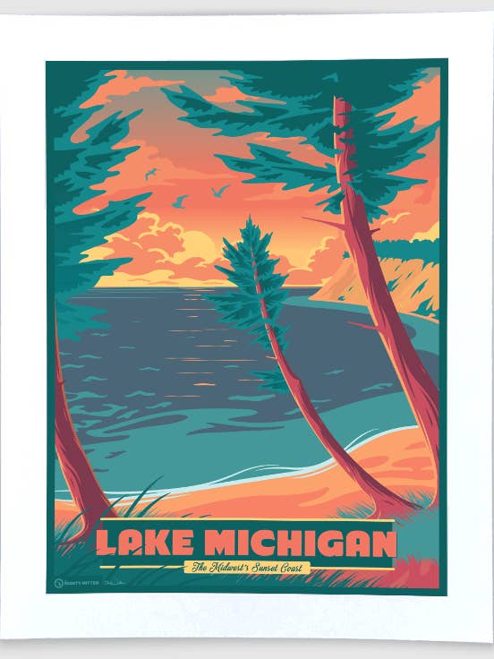 Lake Michigan Sunset - Vintage-Style Travel Art Print for wholesale by The Mighty Mitten