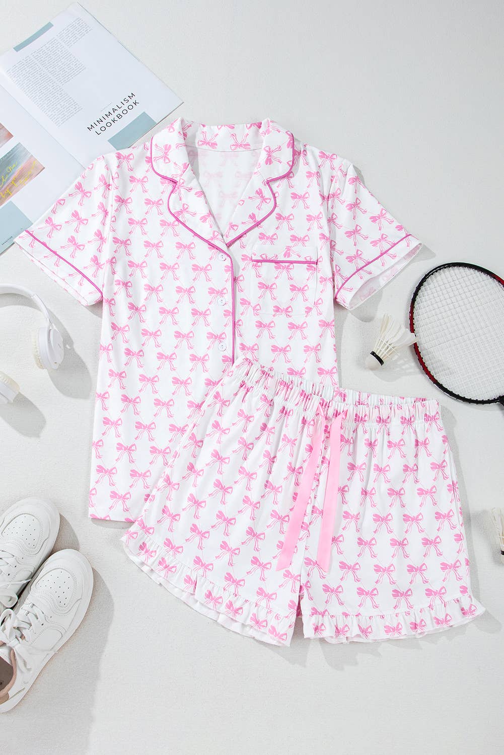 Pink Bowknot Print Short Sleeve and Shorts Pajama Set for wholesale on Faire7