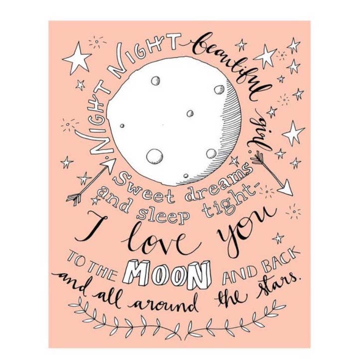 Night Night Beautiful Girl, Child'S Bedroom Moon Print for wholesale by Little Bird Editions