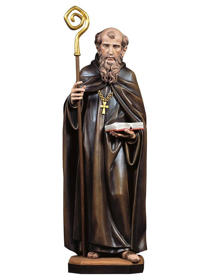 Standbeeld van Sint-Benedictus in handgesneden hout voor wholesale door Costa Articoli Religiosi