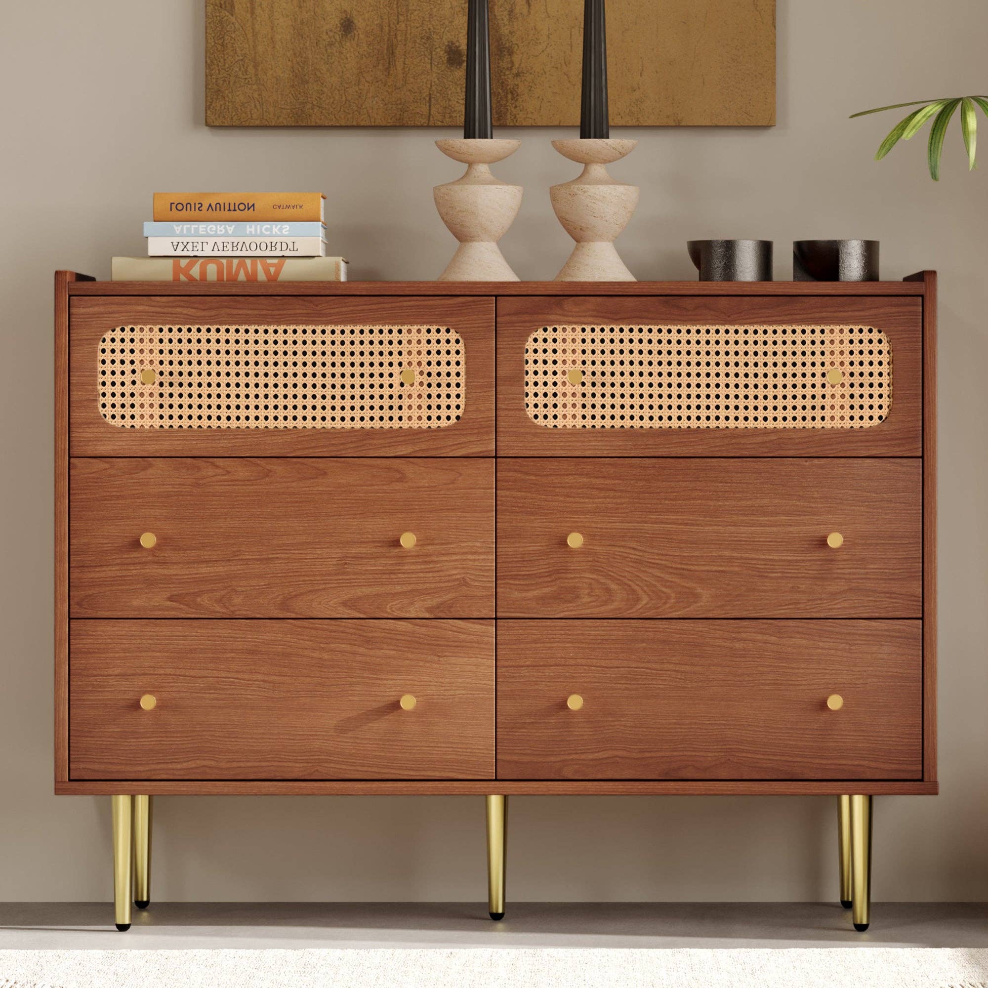 Urban Meuble - Wholesale Cabinet - Vintage sideboard with 6 rattan drawers, golden handles and legs, 120*90*40cm DELMO2