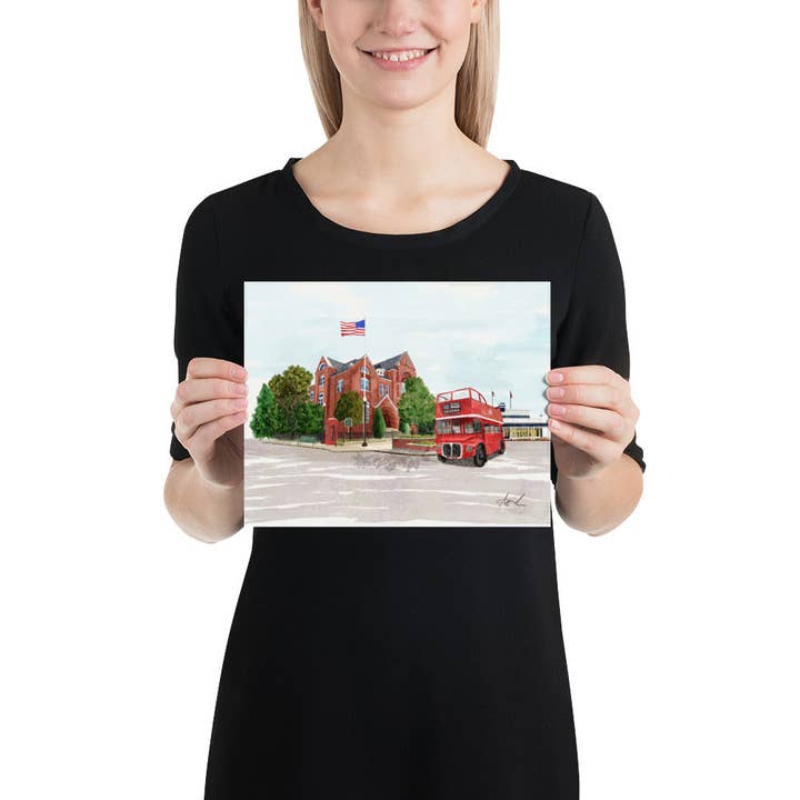 Carper Creative Co. – wholesale Art print – City Hall Double Decker Bus Oxford MS Watercolor Art Print5