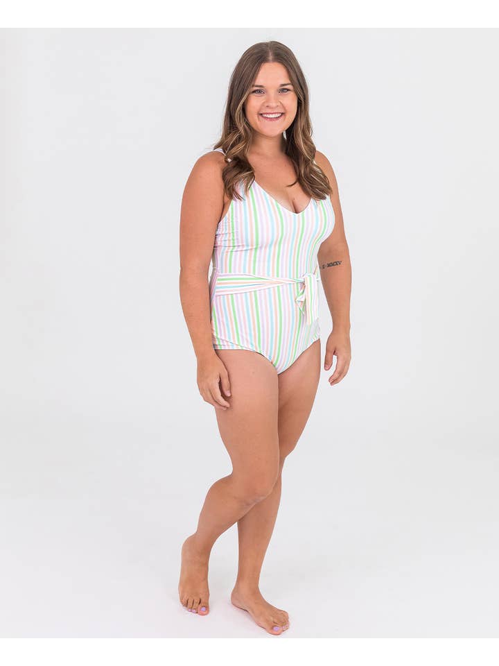 Multi Color Women's Pale Rainbow Stripe Tie Waist V-Neck One Piece Swimsuit
for wholesale on Faire