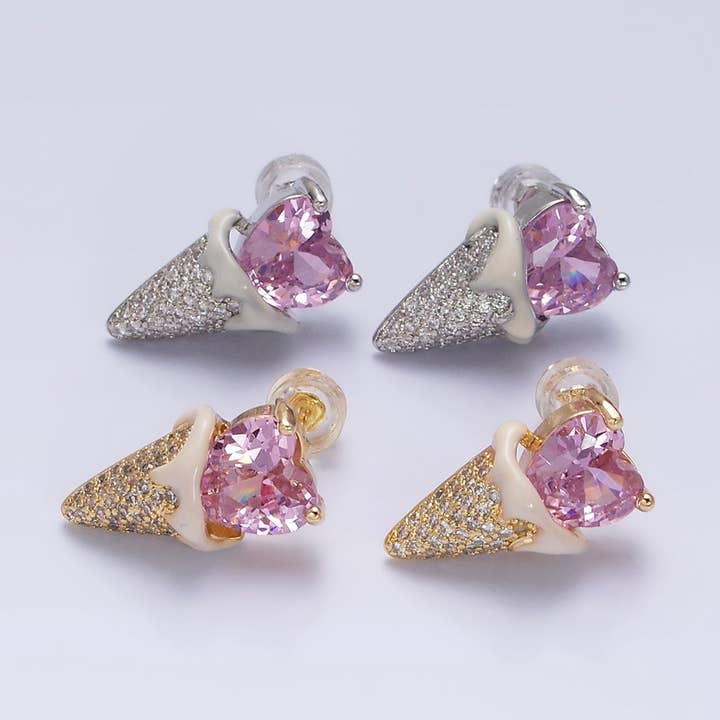 Gold Filled Pink CZ Heart Ice Cream Cone Stud Earrings for wholesale by Aim Eternal