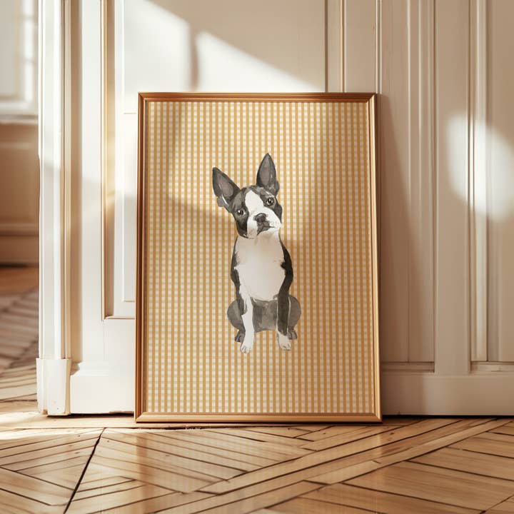 Boston Terrier Print with Tan Check Background for wholesale by Paperly Creative Co