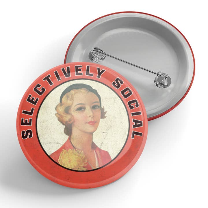 Selectively Social Button for wholesale by Black River Letterpress & Paper Co.