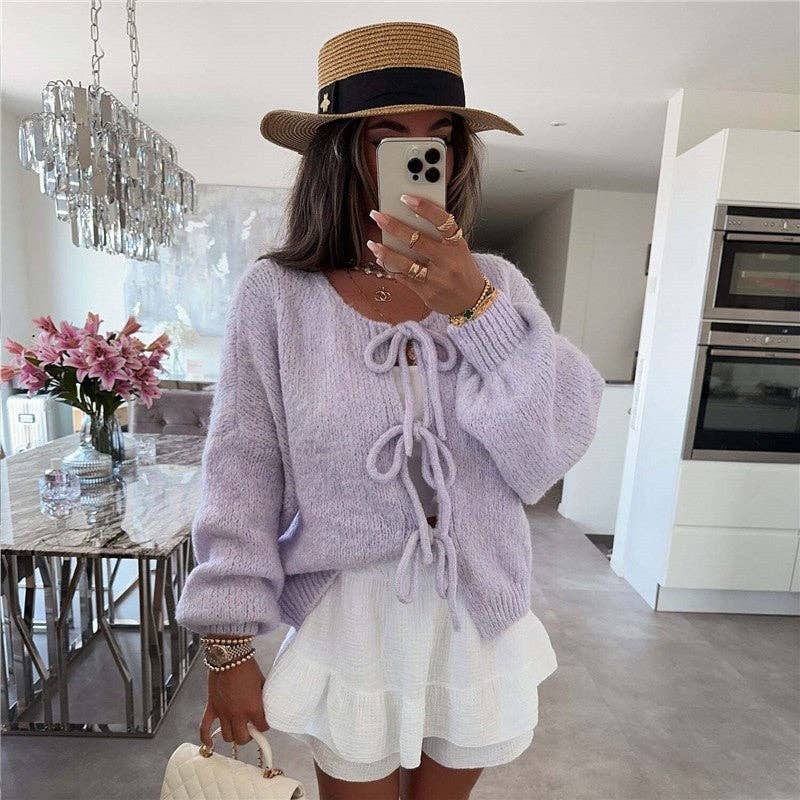 Sheer Trend – Großhandel Strickjacke – Damen – Einfacher Strickjacke mit Bindegürtel und Rundhalsausschnitt8