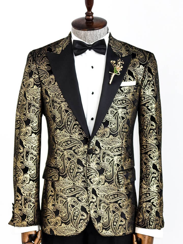 Slim Fit Gold Paisley Patterned Black Men Tuxedo Blazer - Wessi for wholesale by Wessi