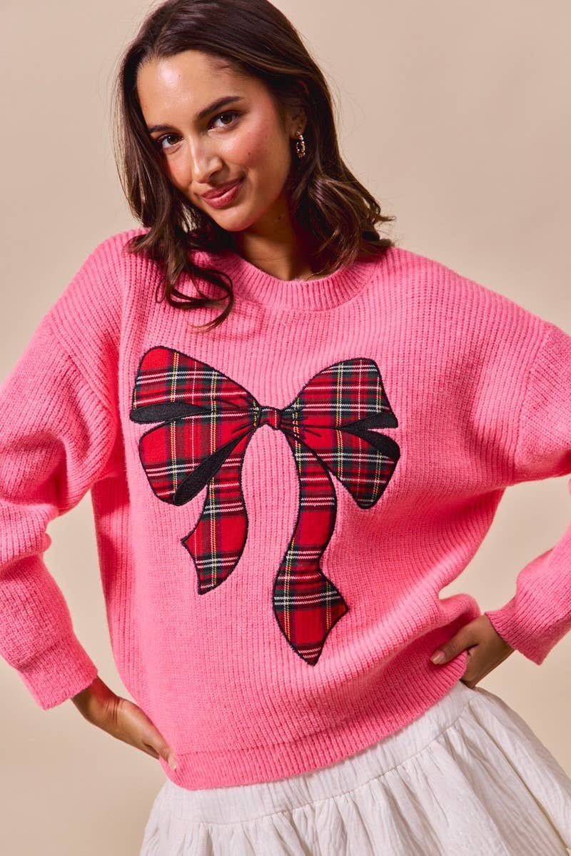IVE - Wholesale Knit Sweater - Women's - Checker Plaid Ribbon Christmas Holiday Sweater Top7
