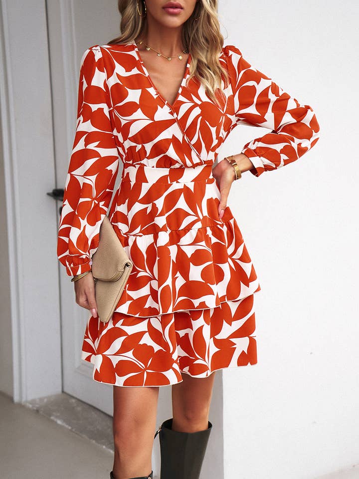 Bold Floral Tiered Long Sleeve Dress SZ25-DR43022 for wholesale by ePretty