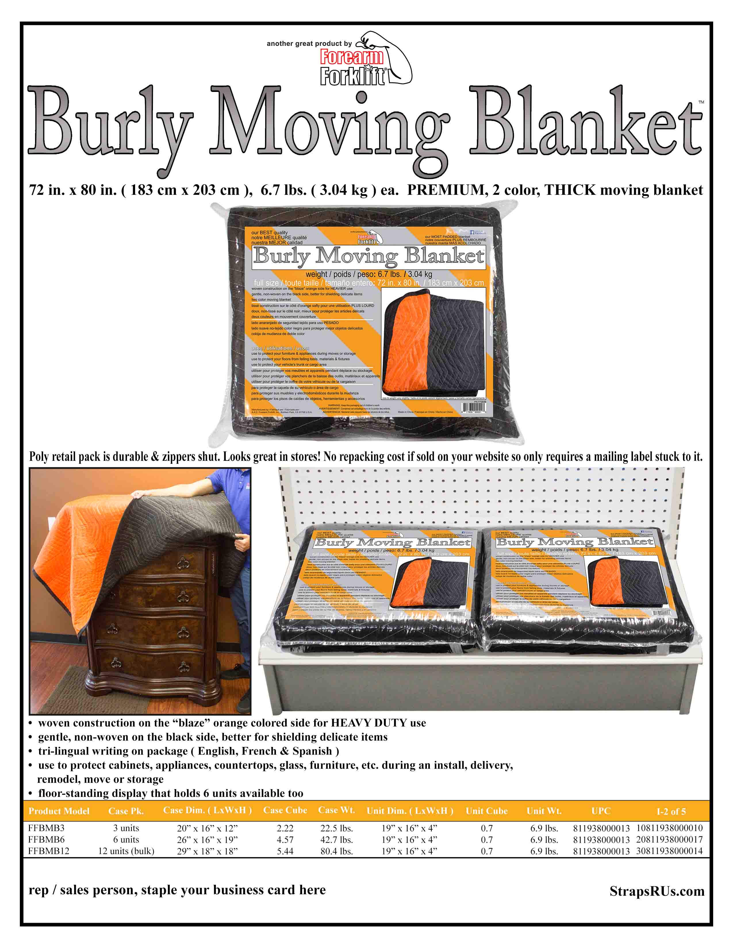 A.A.C. Forearm Forklift, Inc. – wholesale Möbeldynor/Golvskydd – Burly MOVING BLANKET - tung vikt, 72 ”X 80", två färger5