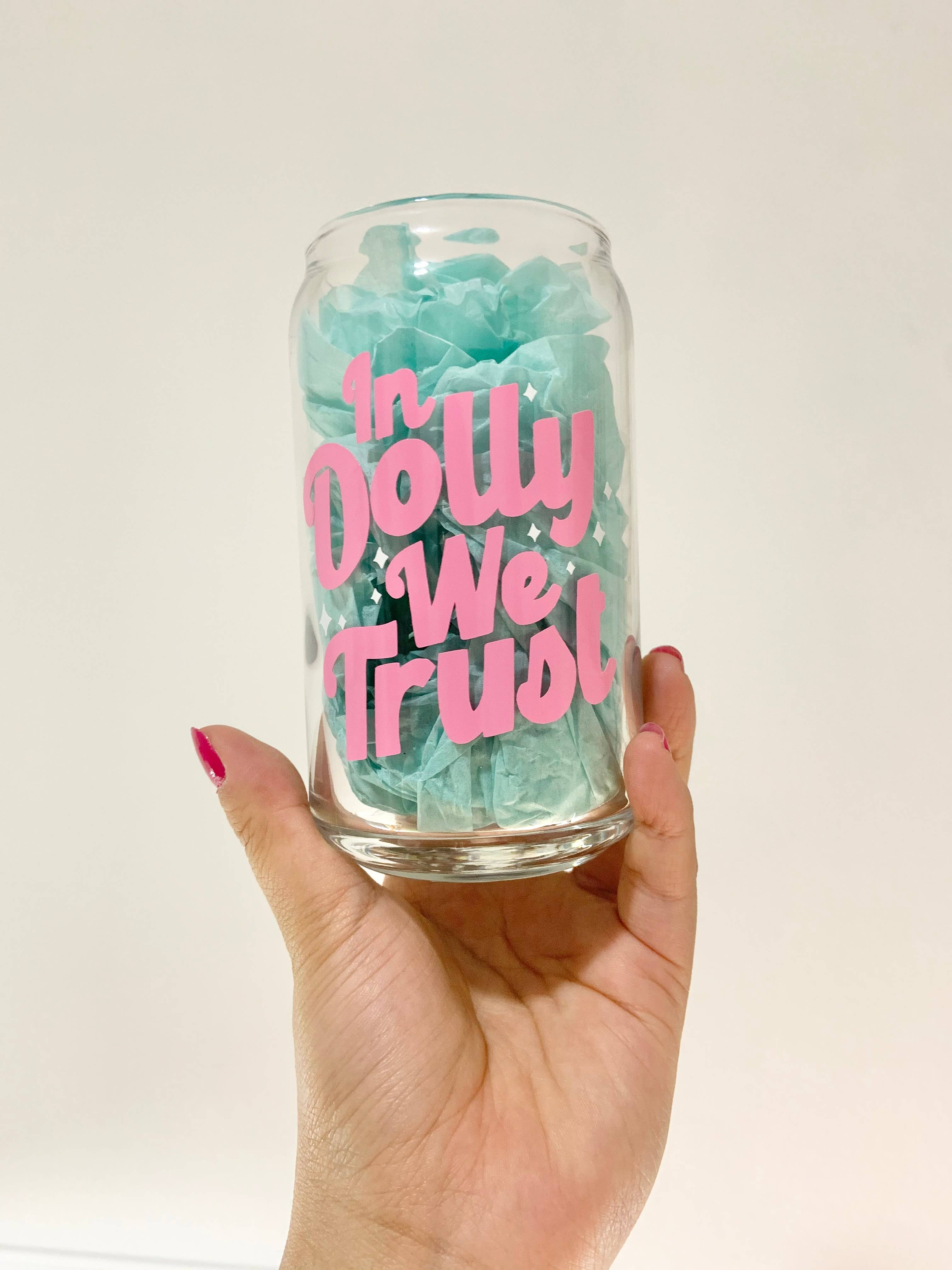 Pink "In Dolly We Trust" 16 oz Glass Cup for wholesale on Faire2