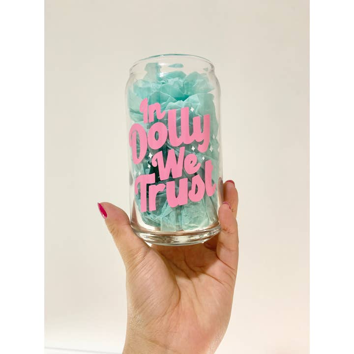 Pink "In Dolly We Trust" 16 oz Glass Cup for wholesale on Faire2