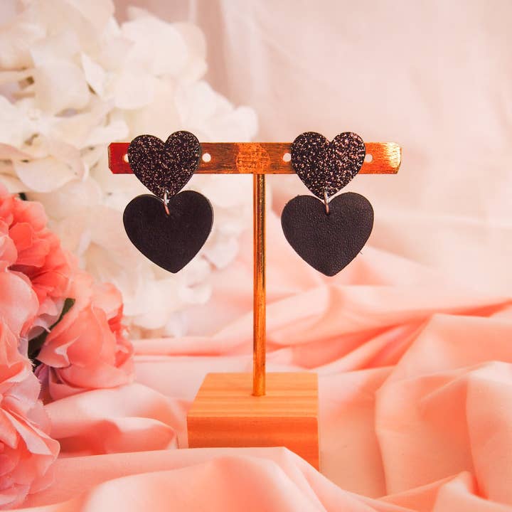 Manali - Wholesale Dangle Earrings - Black leather double heart earrings3