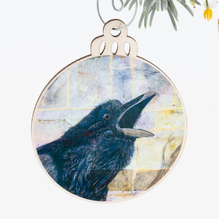 Raven Ornament | Christmas Ornament | Bird Ornament | Wooden Ornament | Bird Art | Bird Painting | Gift for Her | Raven Lover Gift | Nature for wholesale by Orphan Girl Fine Art