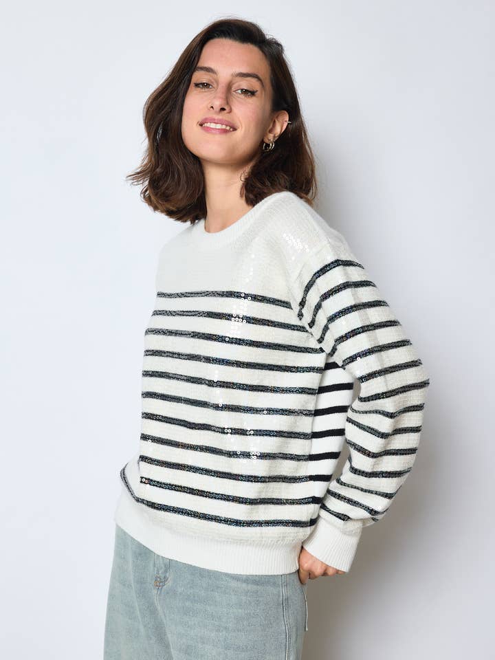 MYSTERY JANE – Engroshandel Pullover - Dame – PULL MED PALJETTER OG MARINESTRIBER2