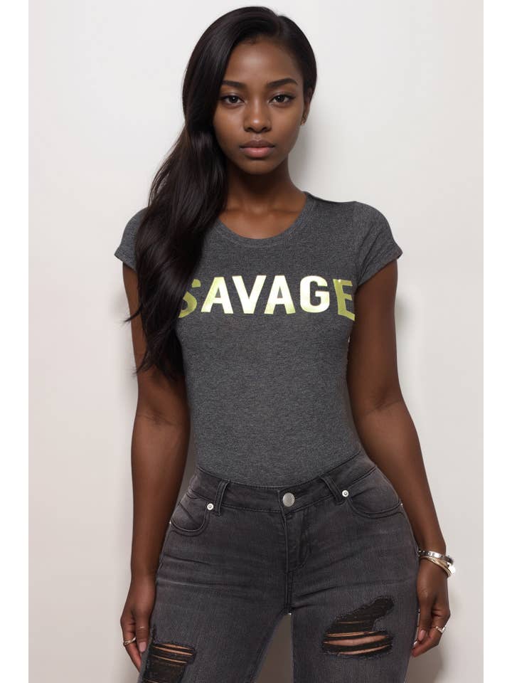 Charcoal SAVAGE LETTERING T SHIRTS for wholesale on Faire
