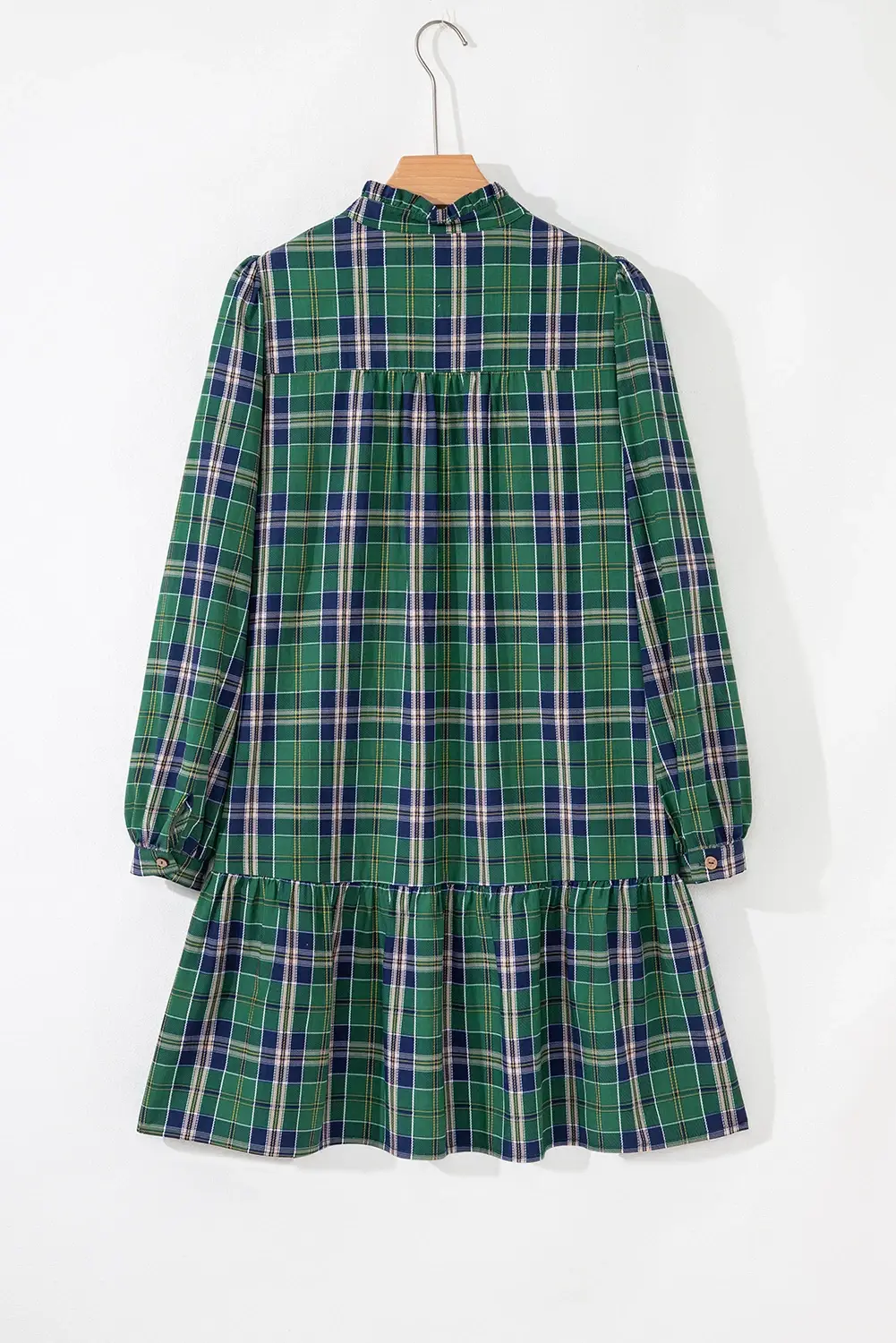 Green Casual Plaid Frill-Neck Long-Sleeve Mini Dress for wholesale on Faire2