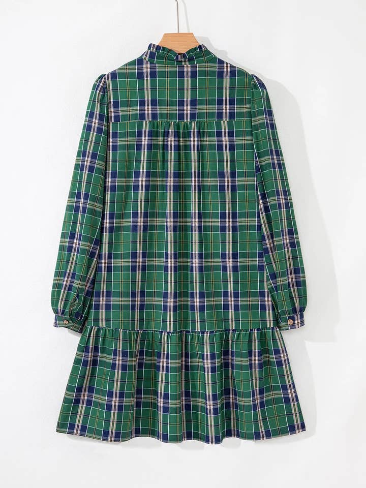 Green Casual Plaid Frill-Neck Long-Sleeve Mini Dress for wholesale on Faire2