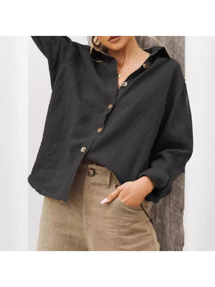pinkblu02 - Wholesale Button Down Shirt - Women's - Women Fashion Solid Color Long Sleeve Blouses