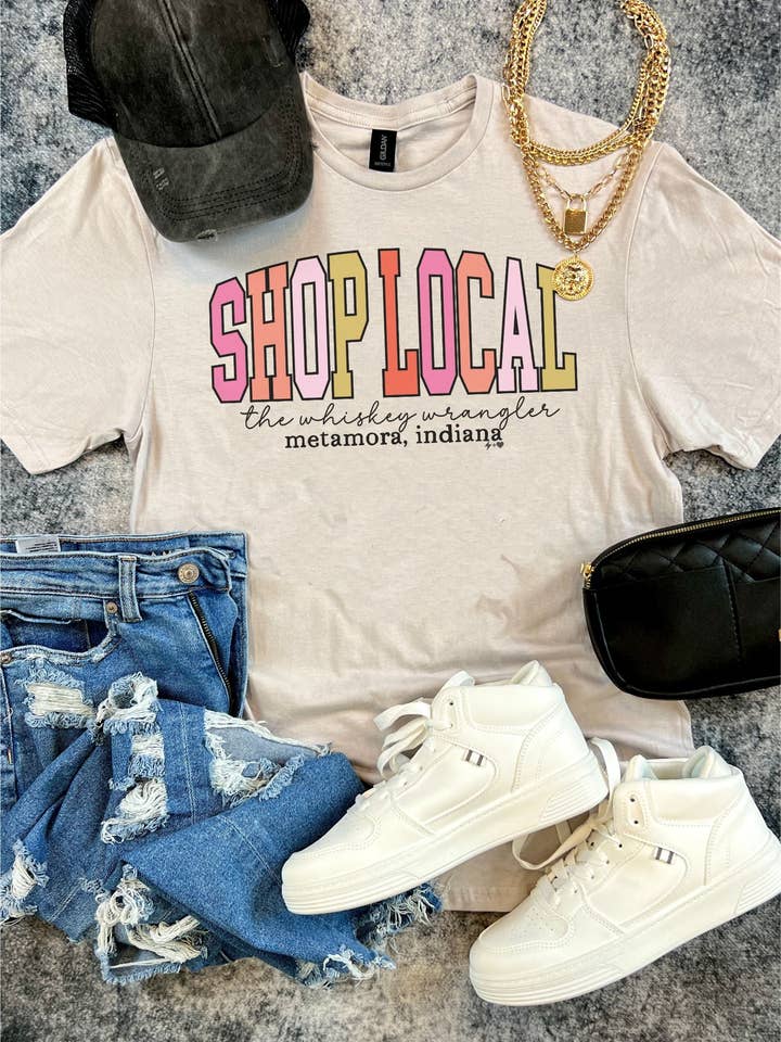 Hustle+Heart - Wholesale T-Shirt (Graphic) - Women's - Varsity Shop Local Custom Logo Tee (LOGO1029-DTG-TEE)