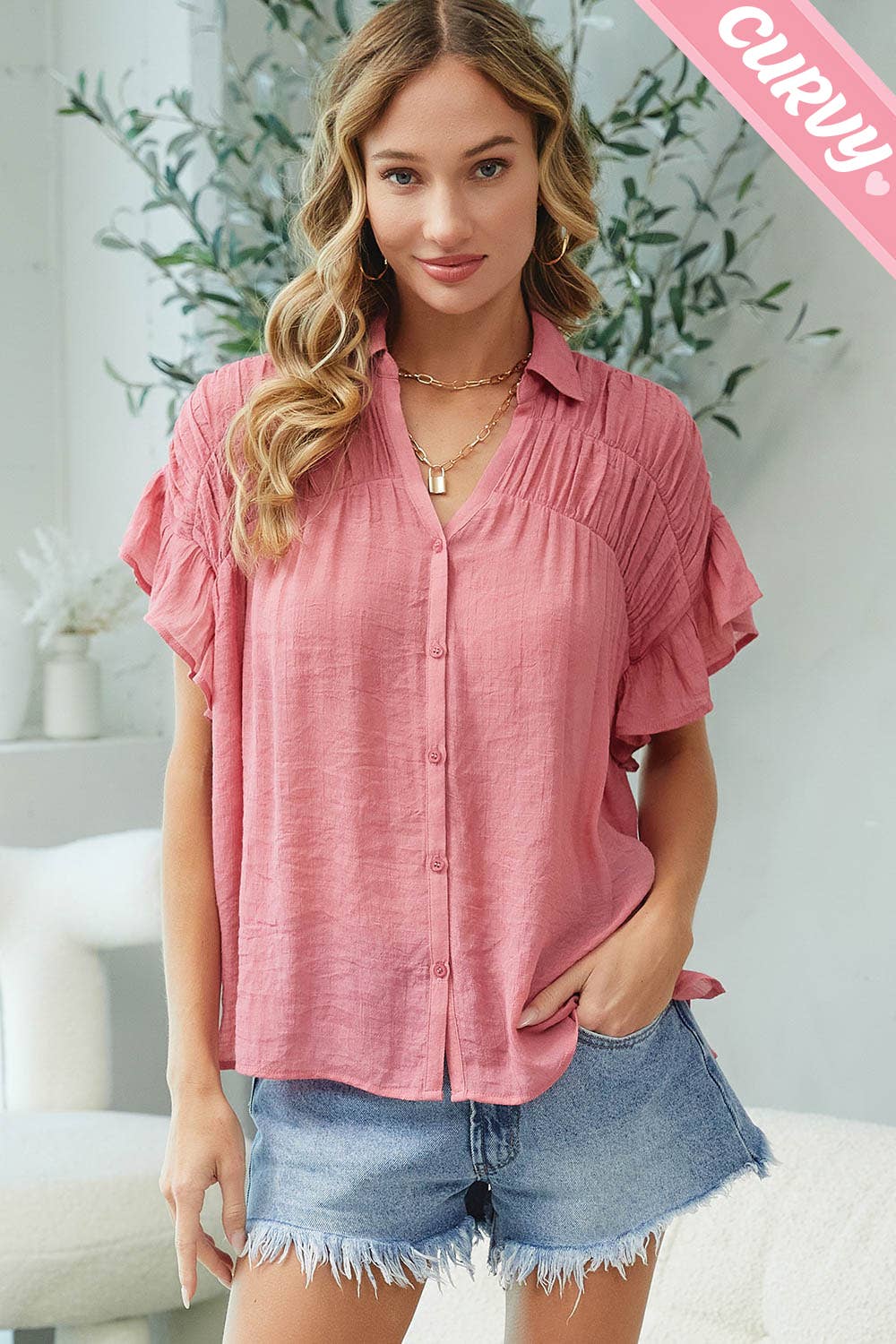 Sweet Lovely by Jen - Wholesale Button Down Shirt - Women's - PLUS SIZE CASUAL SHORT RUFFLE FLOWY SHIRT43