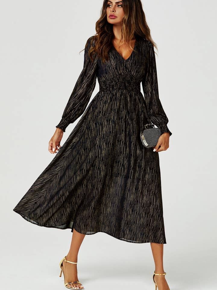 Gold Stripe Foil Long Sleeve Maxi Dress In Black for wholesale by FS Collection (Germany)