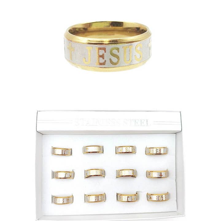 Cross Jesus Carved Stainless Steel RIngs Gold for wholesale by Diacly