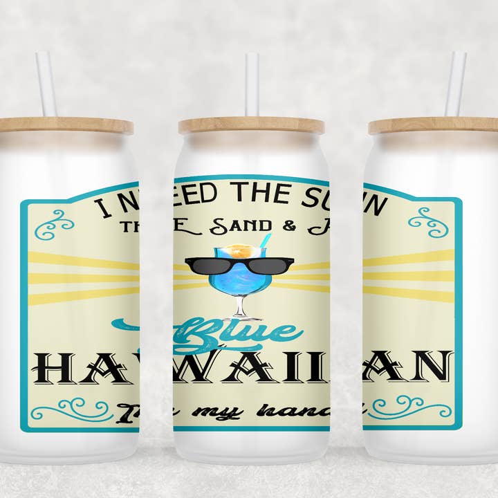 Blue Hawaiian Glass Cup with clear straw and bamboo lid for wholesale by Smile Graphics and Design
