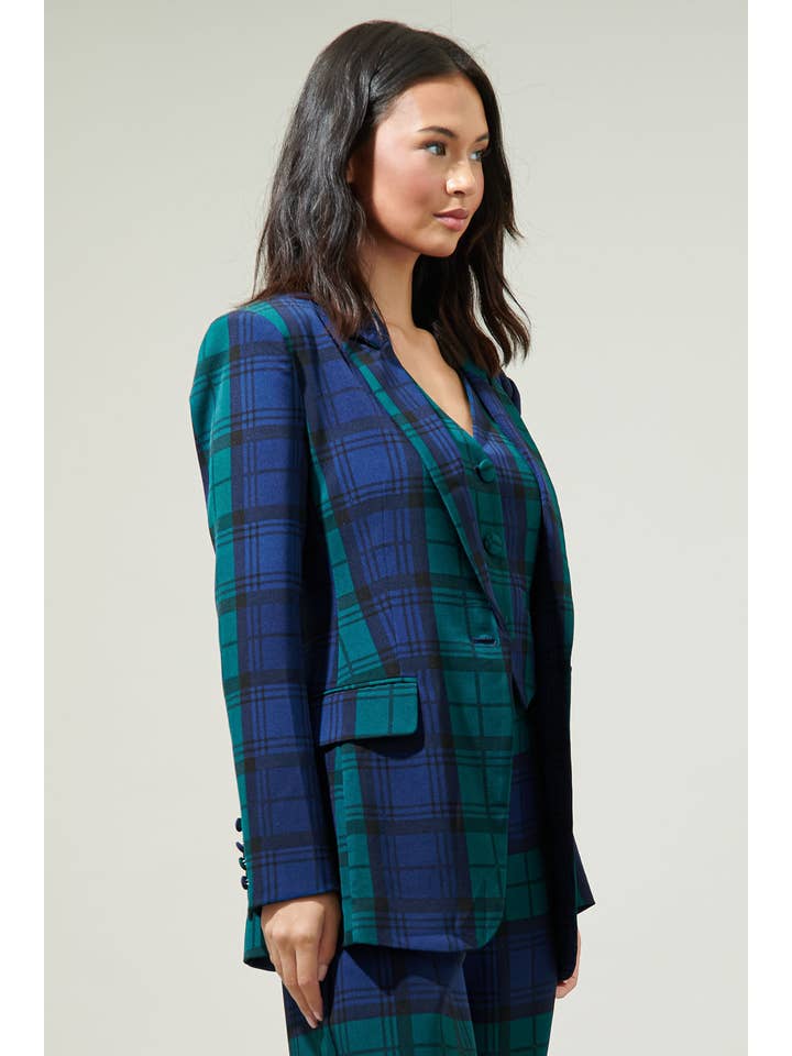NAVY GREEN MULTI Hudson Plaid Suave Fitted Notch Lapel Blazer for wholesale on Faire