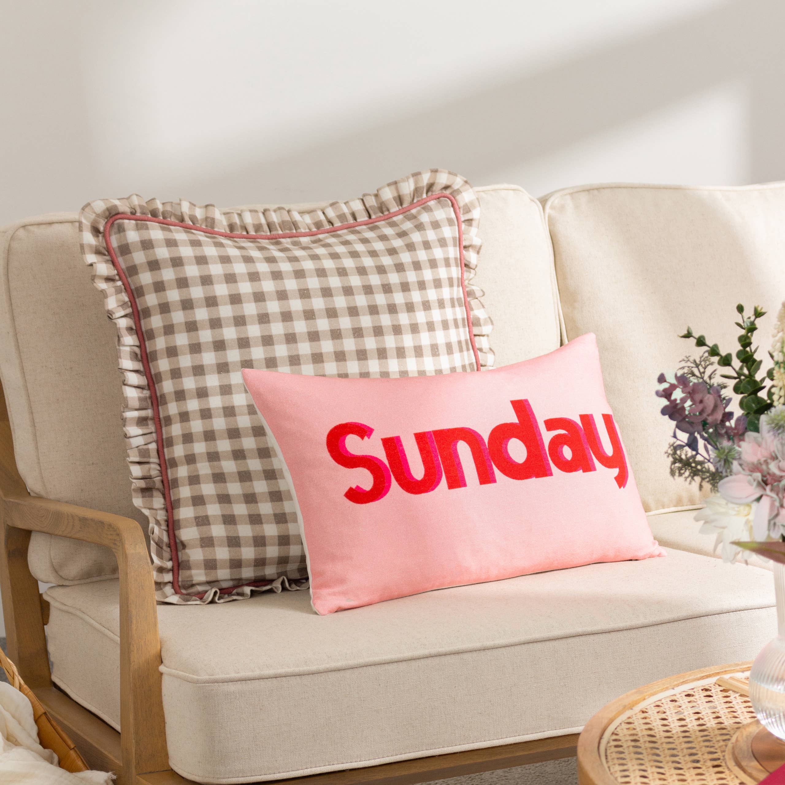 Maude Gingham Reversible Piped Cushion Natural for wholesale on Faire5