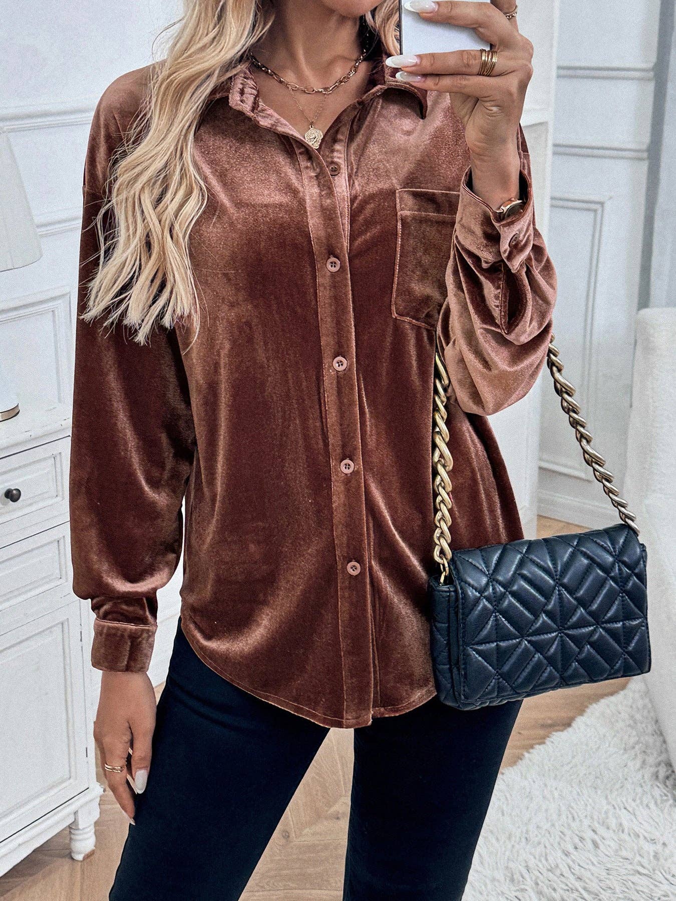 Suhkasana - Wholesale Button Down Shirt - Women's - Solid Velvet Button-Up Lantern Sleeve Collared Blouse20
