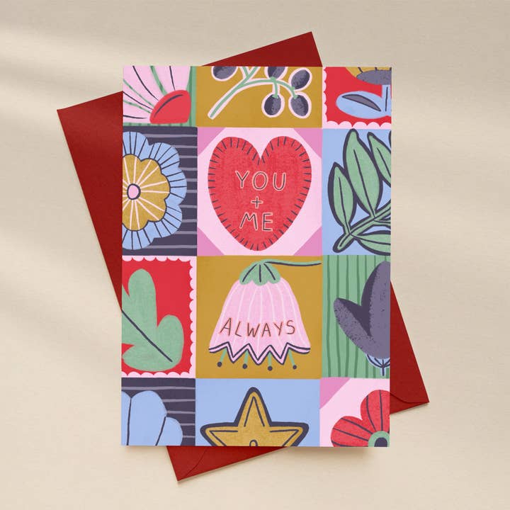 You & Me Always - Valentines Love Card - Floral Patchwork for wholesale by Amanda Clarke Illustration