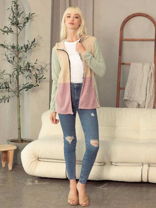 Solid Teddy Colorblock Zip Up Hoodie for wholesale by Pink Irene Wholesale