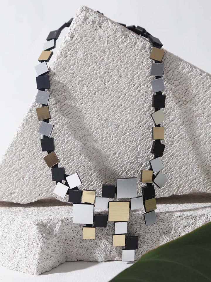 Bauhaus V Necklace Squares - Silver/Black/Gold* for wholesale by Iskin Sisters