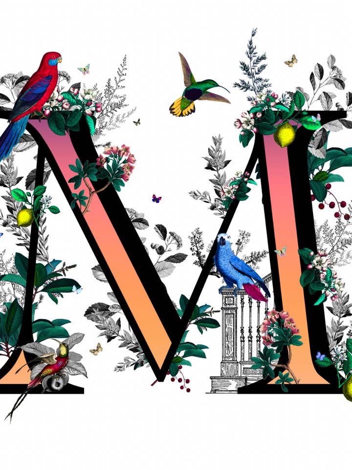 M' Ornate Latin Letters Fine Art Square Print for wholesale by Elizabeth Stirling-Taylor