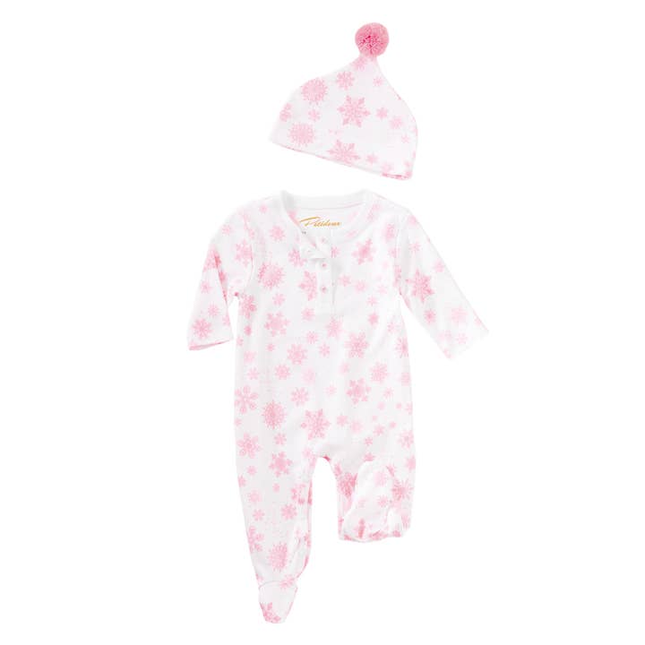 "Let it Snow" Pink Snowflakes Baby onesie pajamas Pima for wholesale on Faire