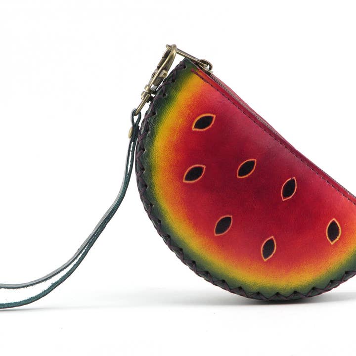 Handmade Leather Watermelon Wristlet Coin Purse fruit wallet for wholesale by Sunflower Handmade leather inc