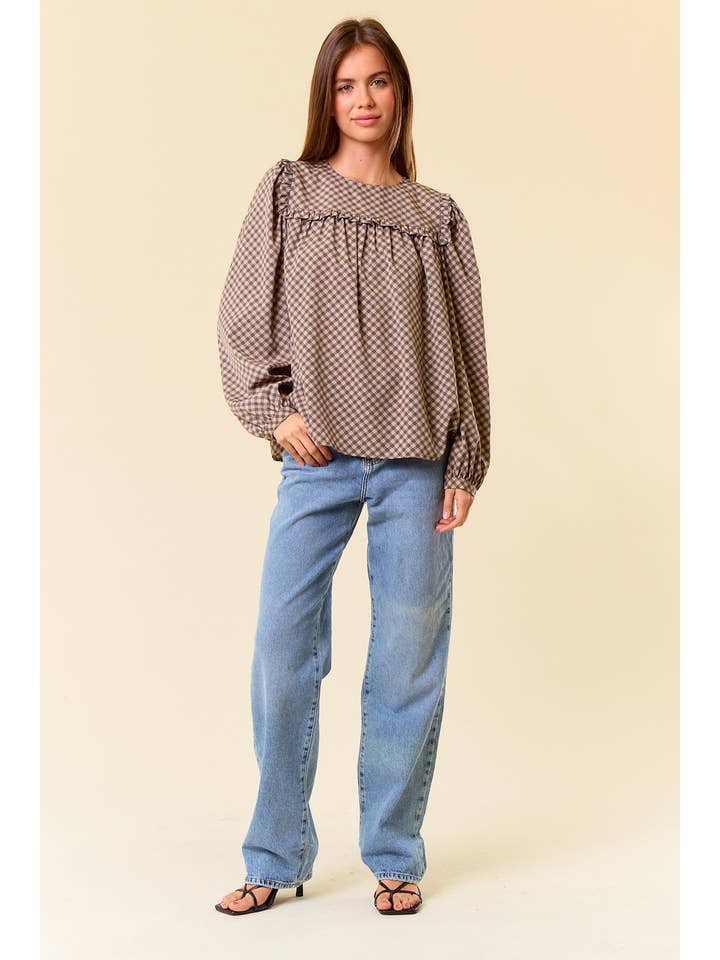 Black Round Neck Puff Long Sleeve Plaid Blouse - 44650T for wholesale on Faire4