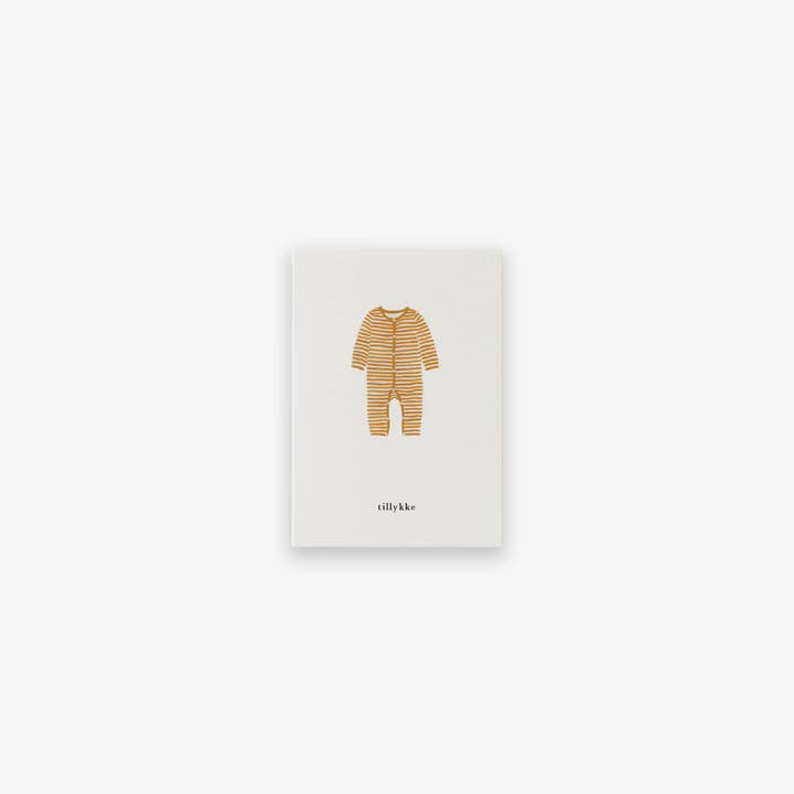 Kartotek Copenhagen – wholesale Babykort – Litet gratulationskort // Sparkdräkt Okker (grattis) (danska)
