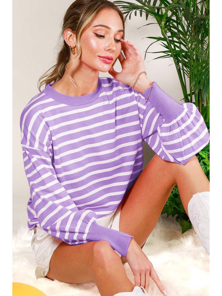 Vine & Love - Wholesale Knit Sweater - Women's - Striped Long Balloon Sleeve Knitted Sweater Top VT60387D17