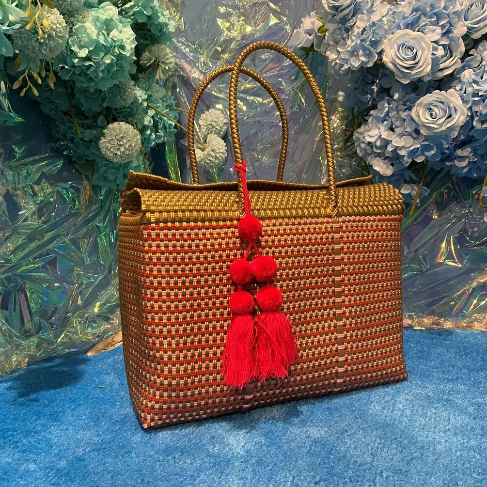 The Faria - Wholesale Beach Bag - Gold and Pink Handwoven recycled plastic beach Bags  5