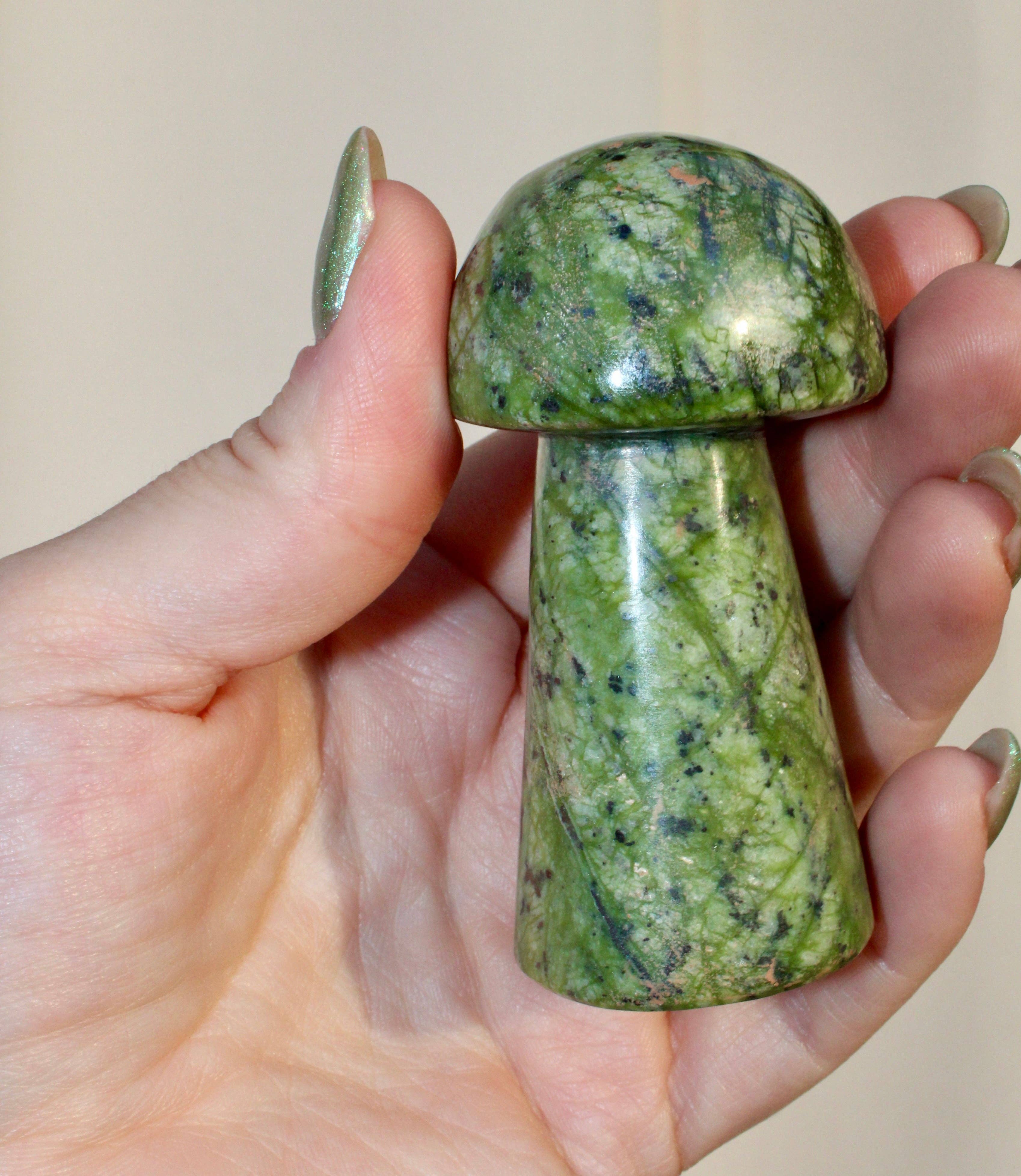 EC Plugs and Gems - Wholesale Spiritual Stone/Crystal - Green Serpentine Crystal Mushroom – Hand-Carved Stone for Healing & Display0