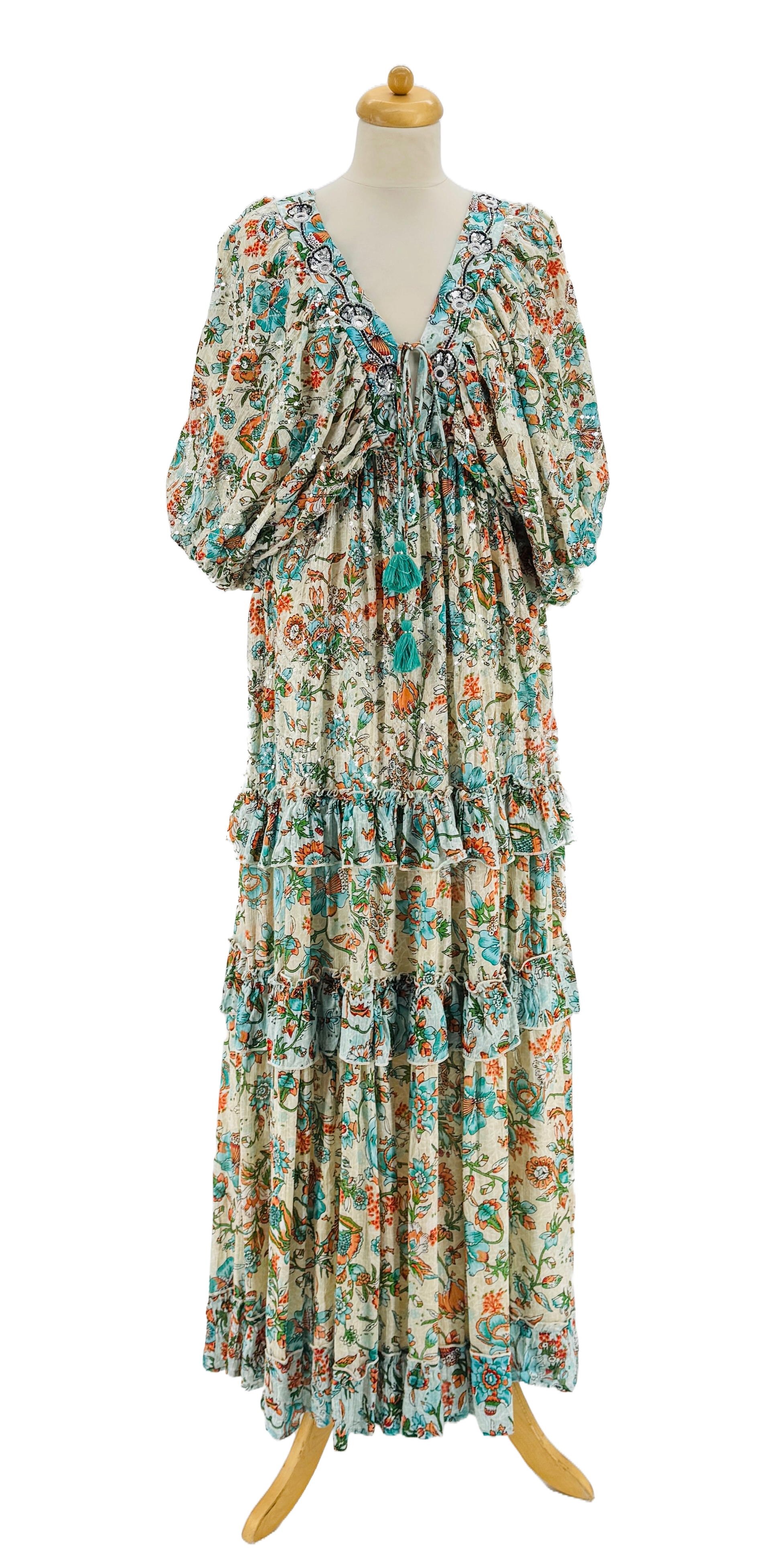 (GRØN AKVA - TURKIS - ROSA) KJOLE 100% VISKOSE, BLOMSTERMØNSTER, PUFFÆRMER for engroshandel på Faire4