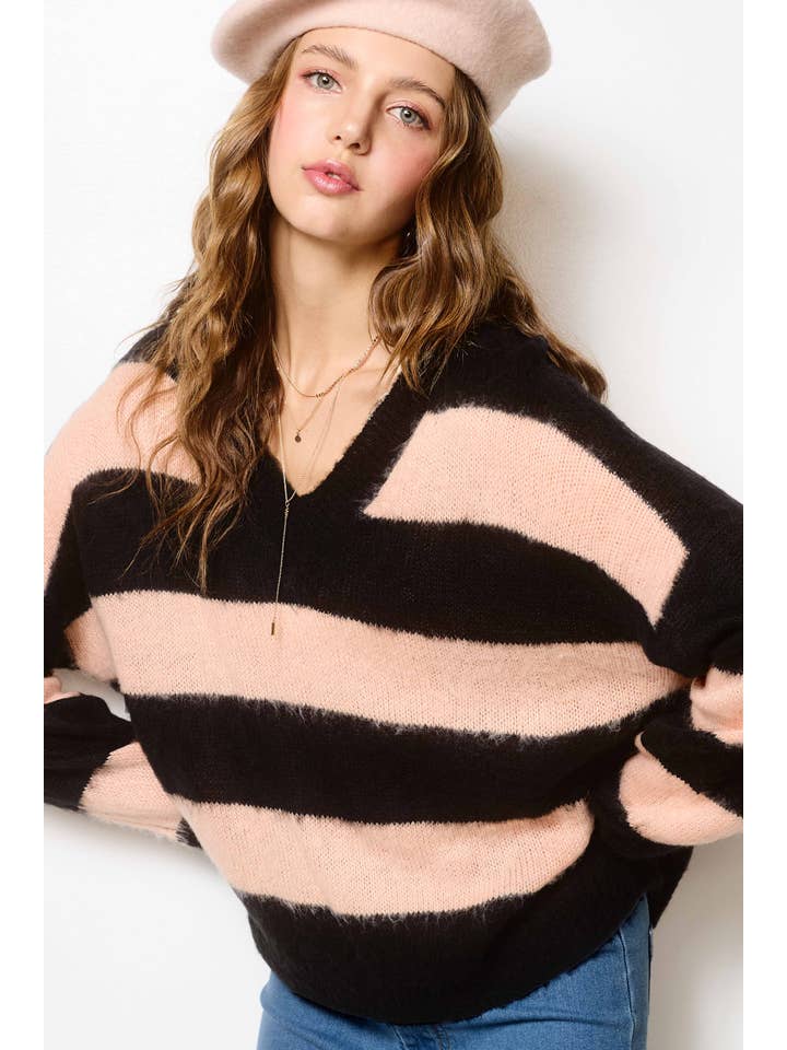 La Miel - Wholesale Knit Sweater - Women's - MCS3573-Oversized Fuzzy Soft Stripe V-neck Knit Sweater