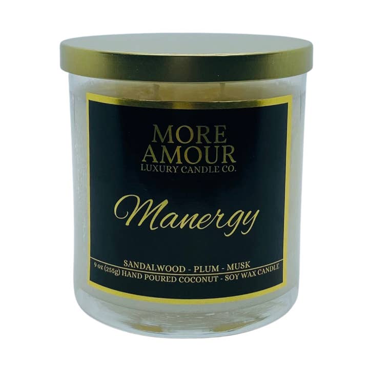 Manergy 9oz Coconut & Soy Wax Candle for wholesale by More Amour Candle Co