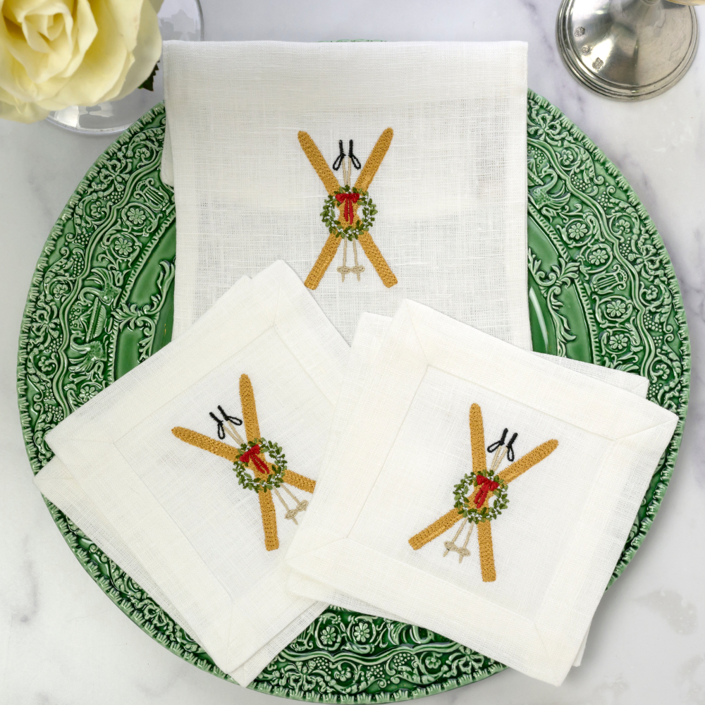 Arte Italica & Crown Linen Designs - Wholesale Coasters - Vintage Skis Cocktail Napkin Set - NEW0