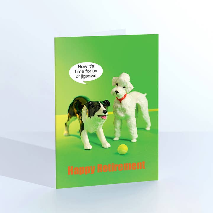 Carte de vœux de retraite heureuse, chiens heureux pour la vente par Ornament Art