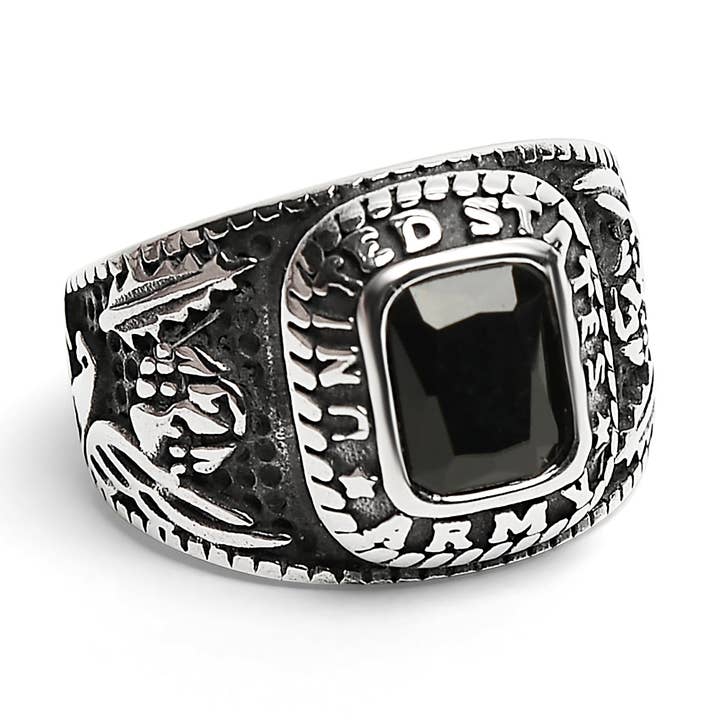 United States Army herre-ring i rustfrit stål med sort sten for engroshandel hos WJW