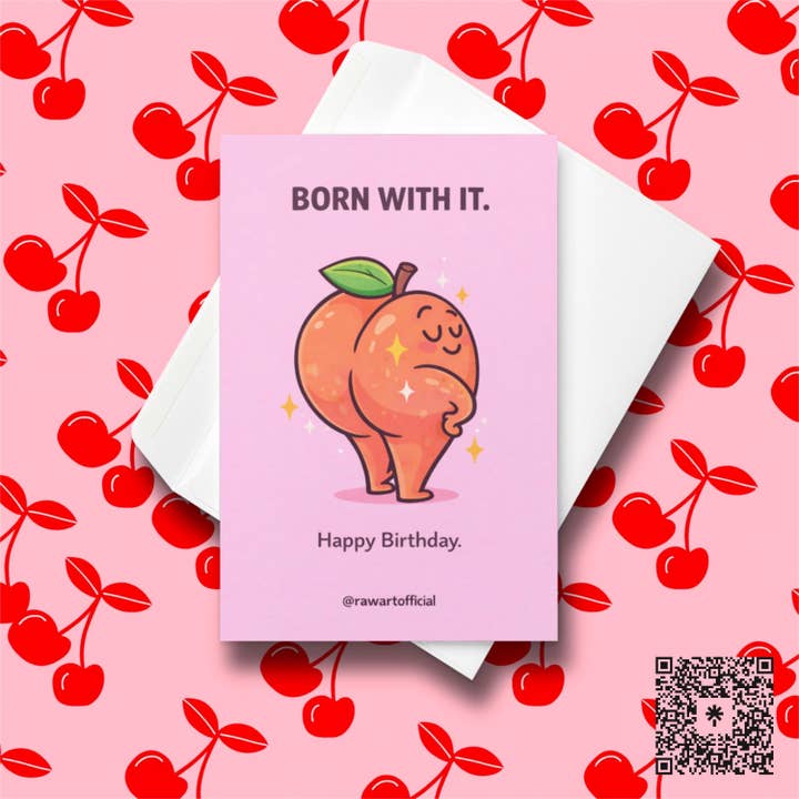 Sjov Fødselsdagskort: Født Med Det Fersken, Sød Voksenhumor for engroshandel hos Hot Mess Paper Co.